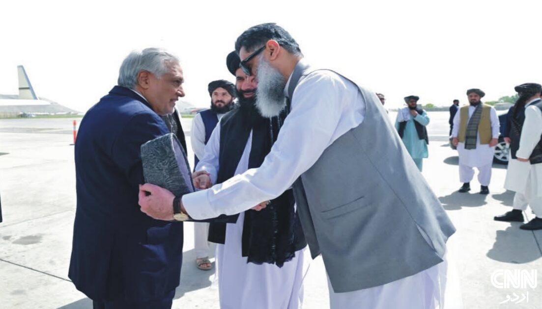 Ishaq Dar arriving in Kabul, greeted by Afghan officials at the airport during his official one-day visit.