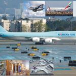 Double-decker passenger aircraft Boeing 747 and Airbus A380 on runway