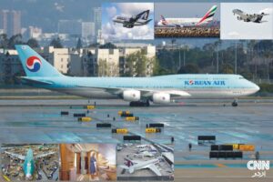 Double-decker passenger aircraft Boeing 747 and Airbus A380 on runway