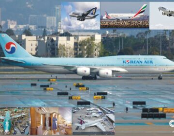 Double-decker passenger aircraft Boeing 747 and Airbus A380 on runway