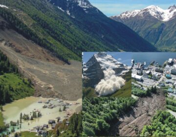 A massive avalanche of ice and rock crashing down a Swiss mountain into a valley village.