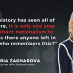 Maria Zakharova addressing the media at a Russian Foreign Ministry briefing, criticizing Finland's property ban targeting Russians and Belarusians