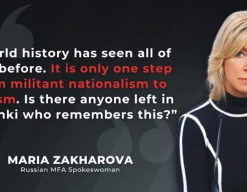 Maria Zakharova addressing the media at a Russian Foreign Ministry briefing, criticizing Finland's property ban targeting Russians and Belarusians
