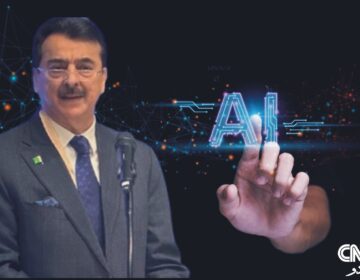Chairman Senate Yousaf Raza Gillani delivering a speech at the AI Knowledge Session in the Senate of Pakistan, with EU Ambassador Dr. Riina Kionka and officials in attendance.