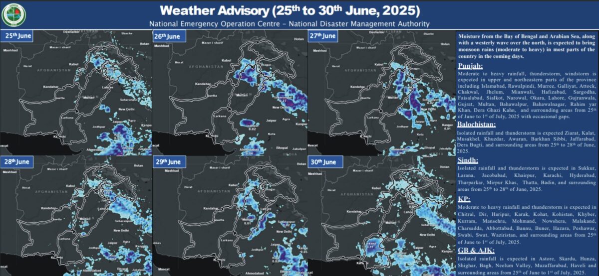 Map of Pakistan with thunderstorm and heavy rain warnings highlighted for multiple regions, issued by NDMA