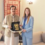 British High Commissioner Jane Marriott meeting with Chairman Senate Syed Yousaf Raza Gilani at his official residence in Islamabad.