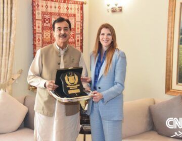 British High Commissioner Jane Marriott meeting with Chairman Senate Syed Yousaf Raza Gilani at his official residence in Islamabad.