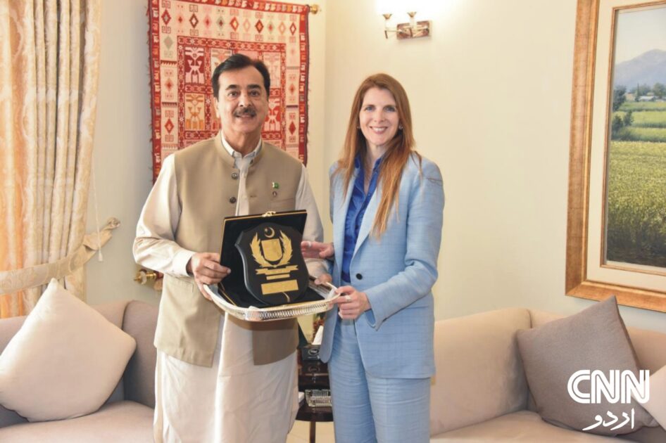 British High Commissioner Jane Marriott meeting with Chairman Senate Syed Yousaf Raza Gilani at his official residence in Islamabad.