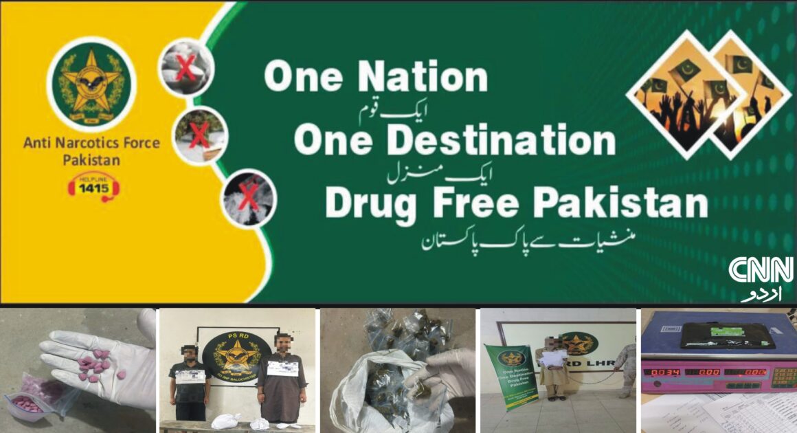 ANF officers displaying seized drugs during a press briefing in Pakistan