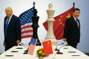 Former U.S. President Donald Trump speaking at a podium with U.S. and Chinese flags in the background.