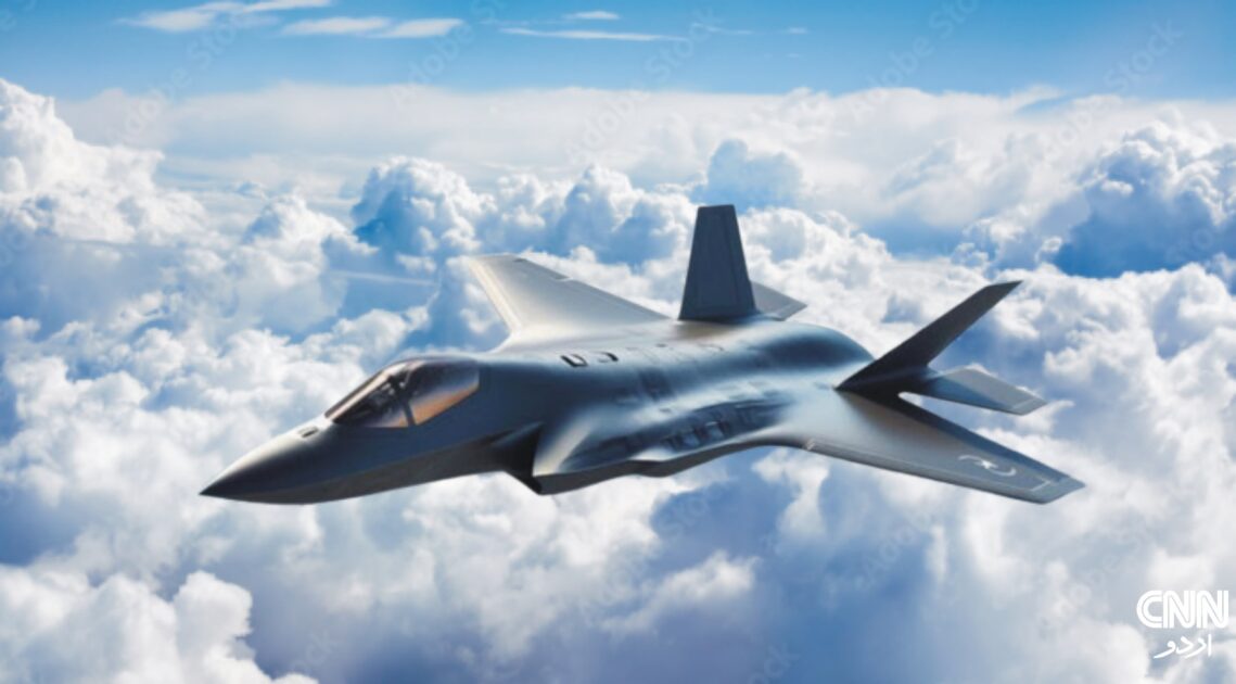 A Chinese J-35 stealth fighter jet in flight against a blue sky, symbolizing Pakistan's new defense partnership with China.